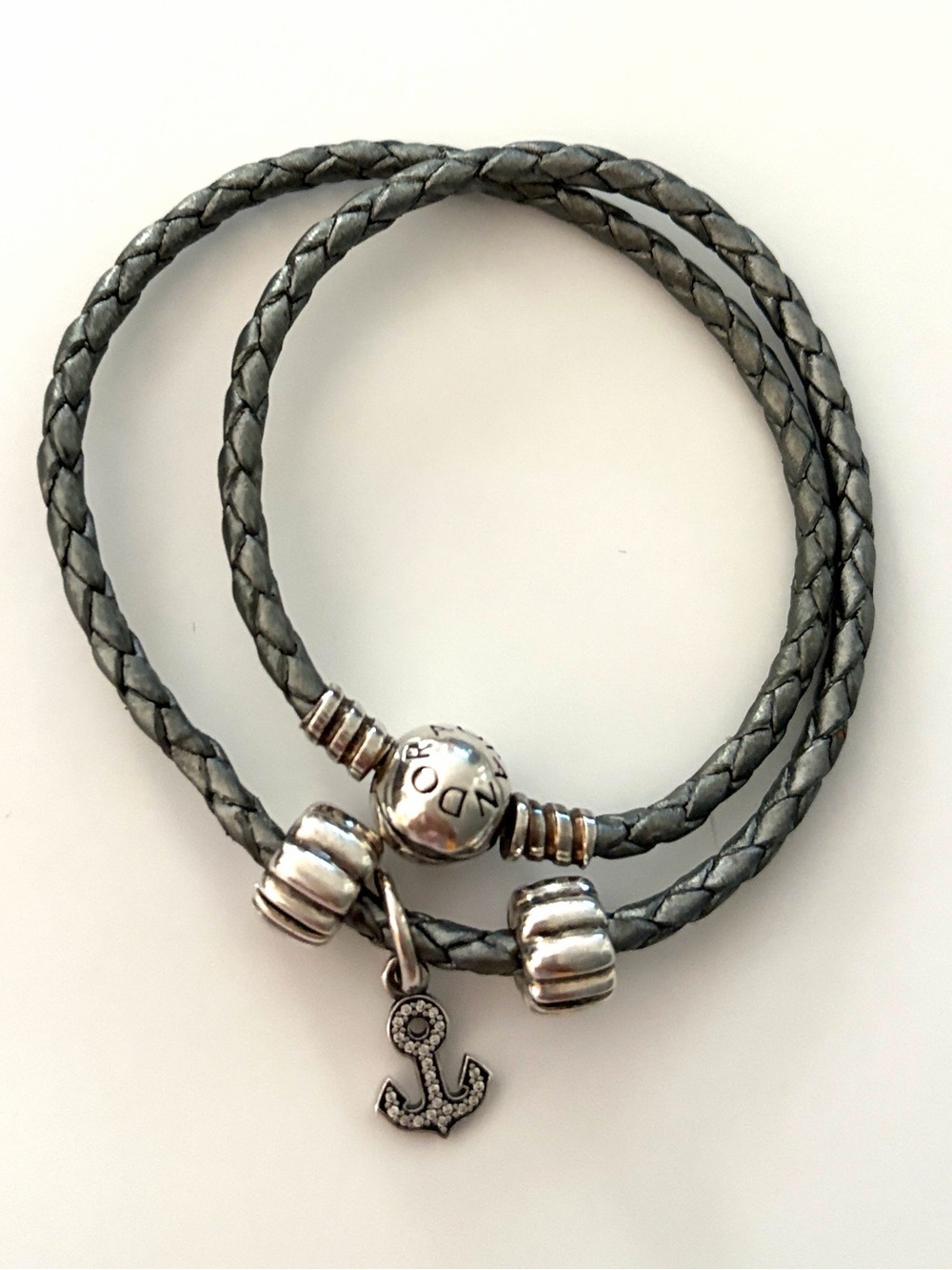 PANDORA 925 Sterling Silver Braided Leather Double Wrap Bracelet GRAY with charm